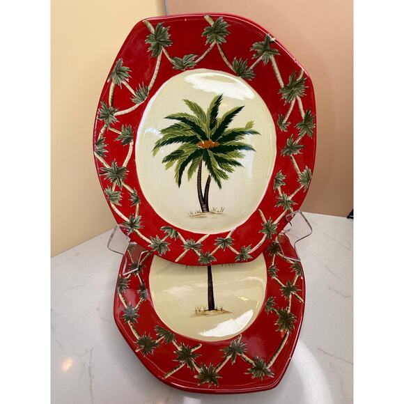 Pacific Rim Hand Painted Octagon Tropical Palm Trees China RED - Picture 2 of 5